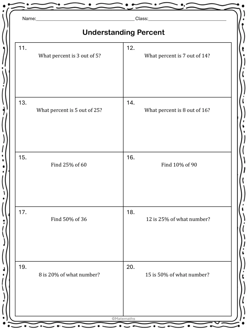 Independent practice 11–20 asks students to find percents, parts, and wholes, including 25% of 60 and 10% of 90