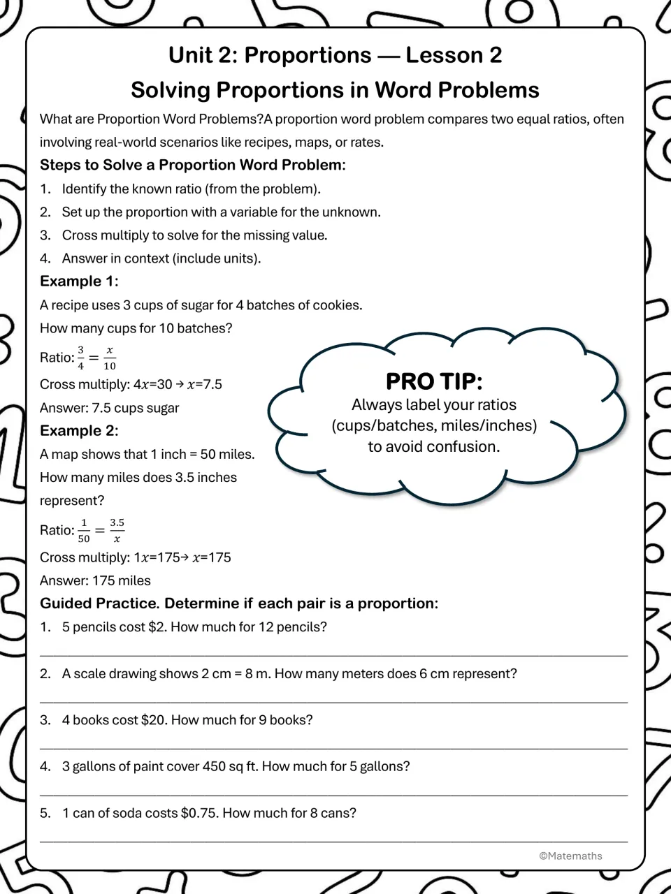 Solving proportions in word problems: four steps, recipe and map scale examples, then 5 guided practice problems to solve