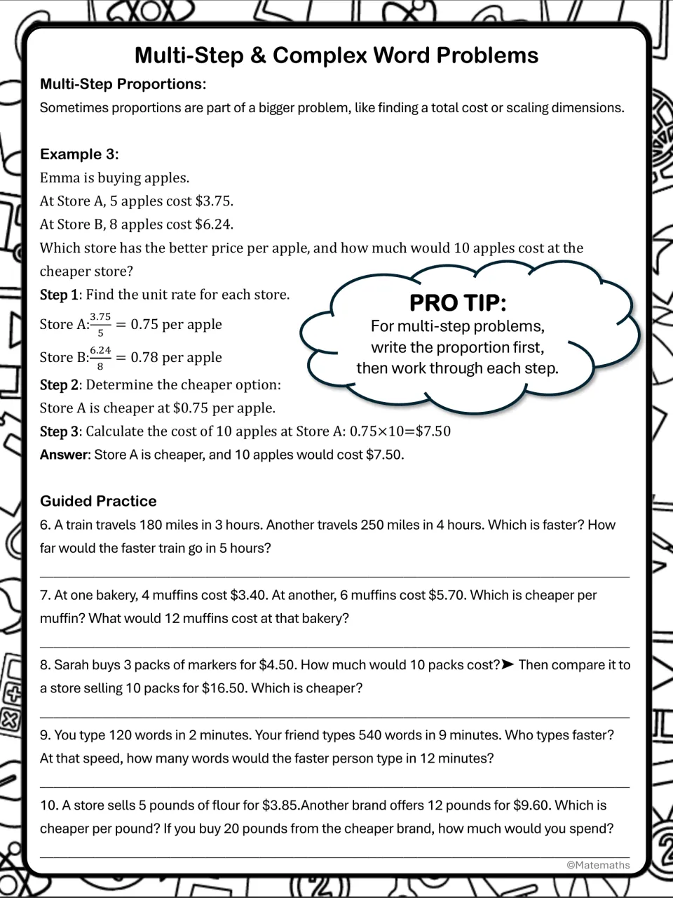 Multi-step proportions: worked unit-rate example comparing apple prices at two stores, then 5 compare-and-scale problems