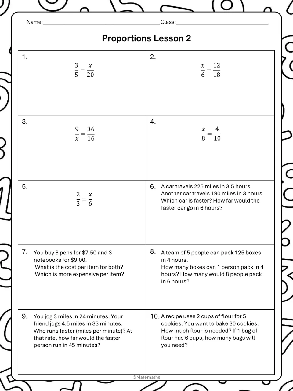 Proportions Lesson 2 practice: solve for x in 5 proportions, then 5 word problems on speed, unit price and recipes