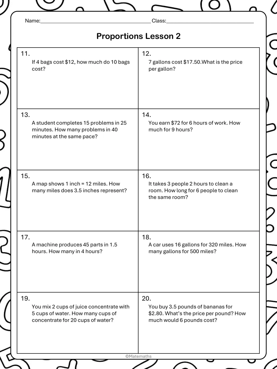 Proportions Lesson 2 practice, problems 11-20: word problems on costs, pay, map scale, fuel use, mixing and work rates