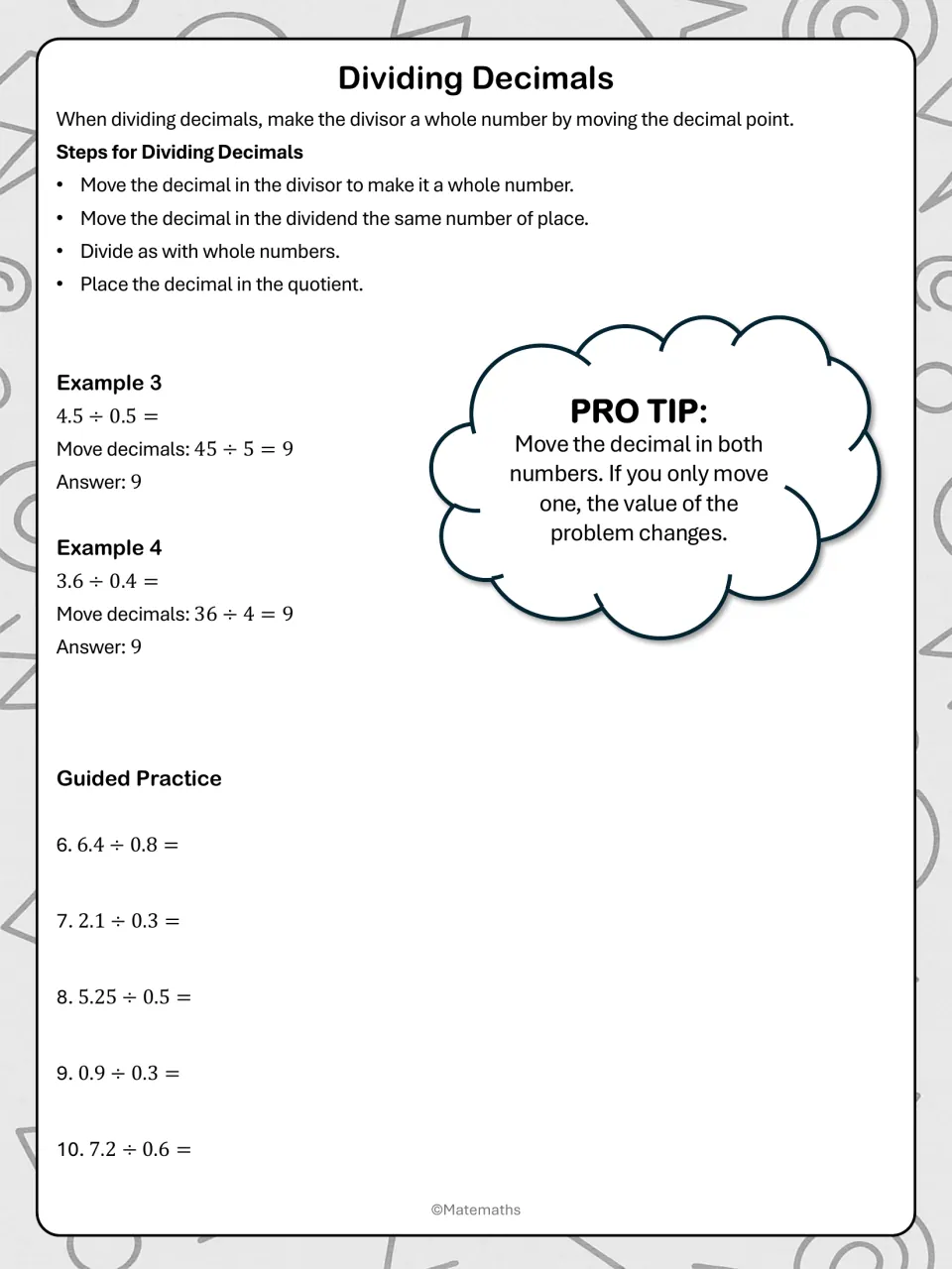 Dividing decimals lesson: shift both decimal points, examples 4.5 ÷ 0.5 and 3.6 ÷ 0.4, and five problems.