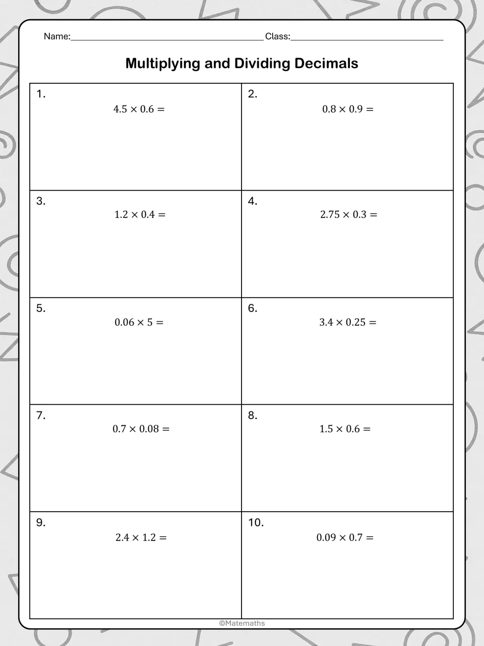 Independent decimal multiplication practice, problems 1–10, including 4.5 × 0.6, 2.75 × 0.3, and 0.09 × 0.7.