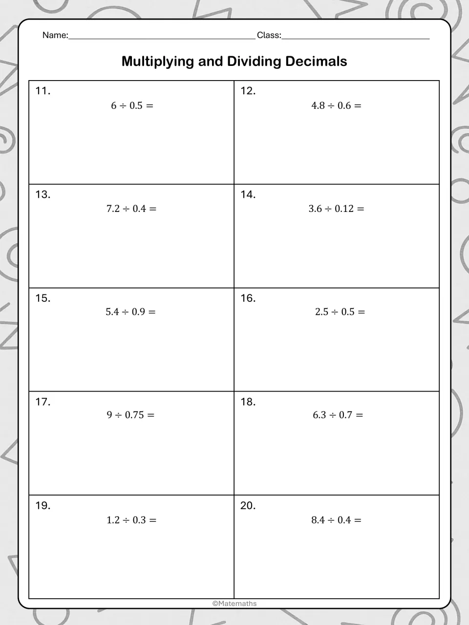 Independent decimal division practice, problems 11–20, including 6 ÷ 0.5, 3.6 ÷ 0.12, and 9 ÷ 0.75.