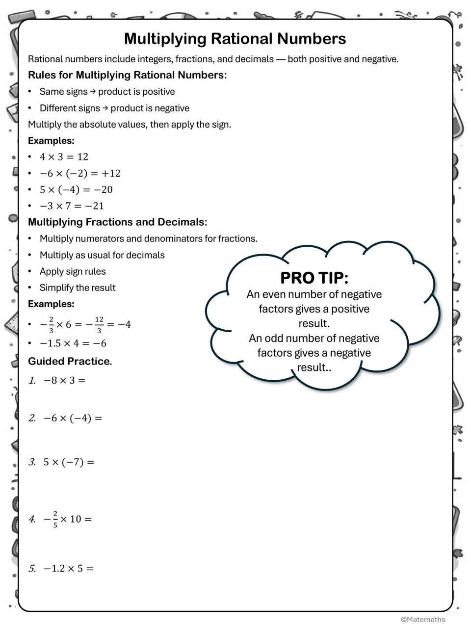 Multiplying rational numbers notes: sign rules, fraction and decimal examples, a pro tip, then 5 guided practice products