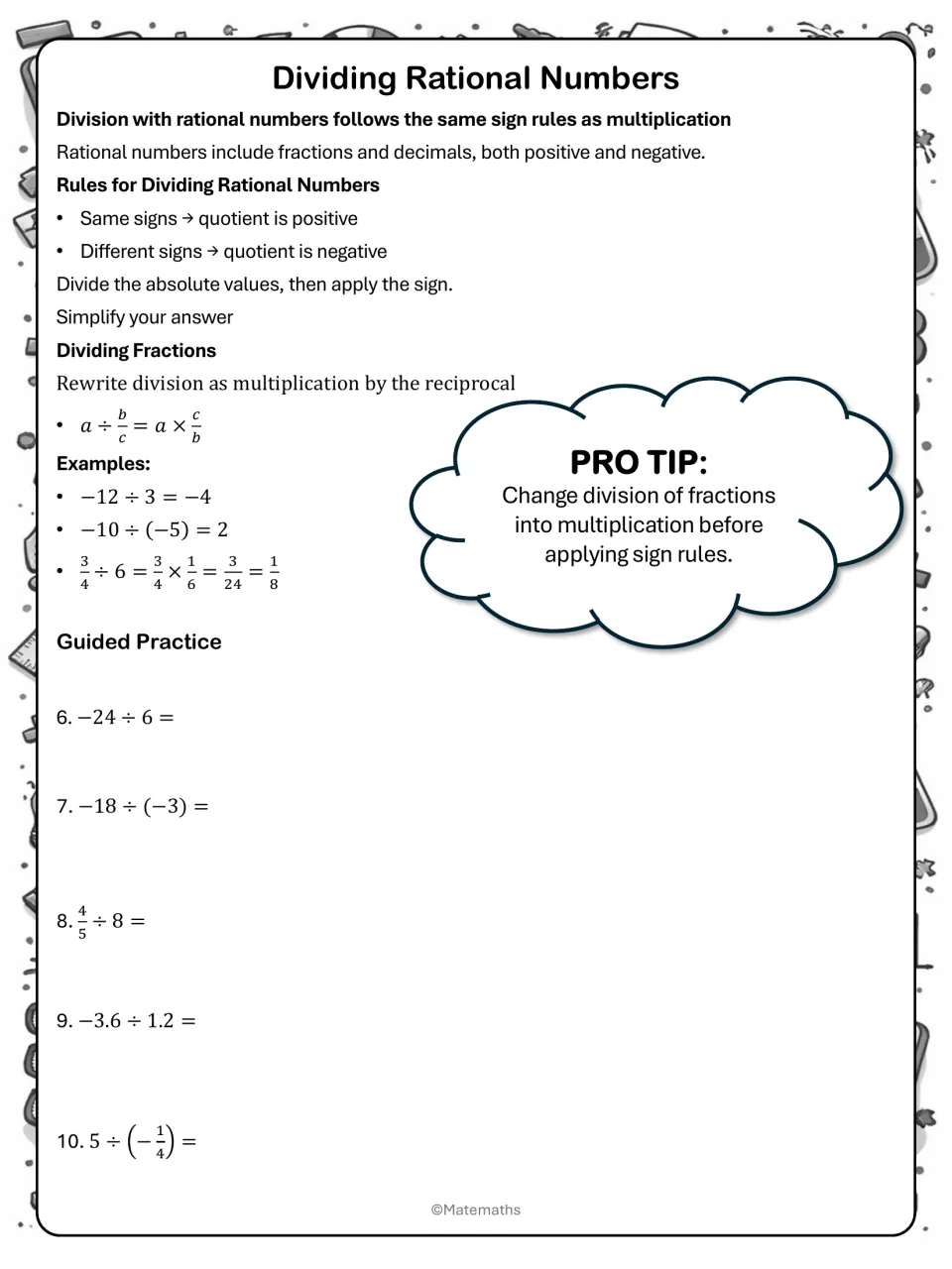 Dividing rational numbers notes: quotient sign rules, fractions via the reciprocal, examples and guided items 6 to 10