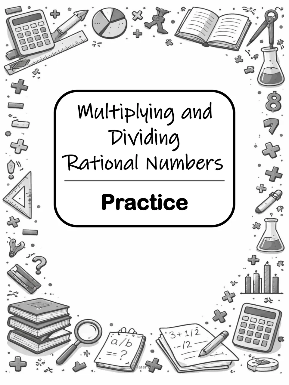Section title page reading Multiplying and Dividing Rational Numbers Practice, introducing the student problem set