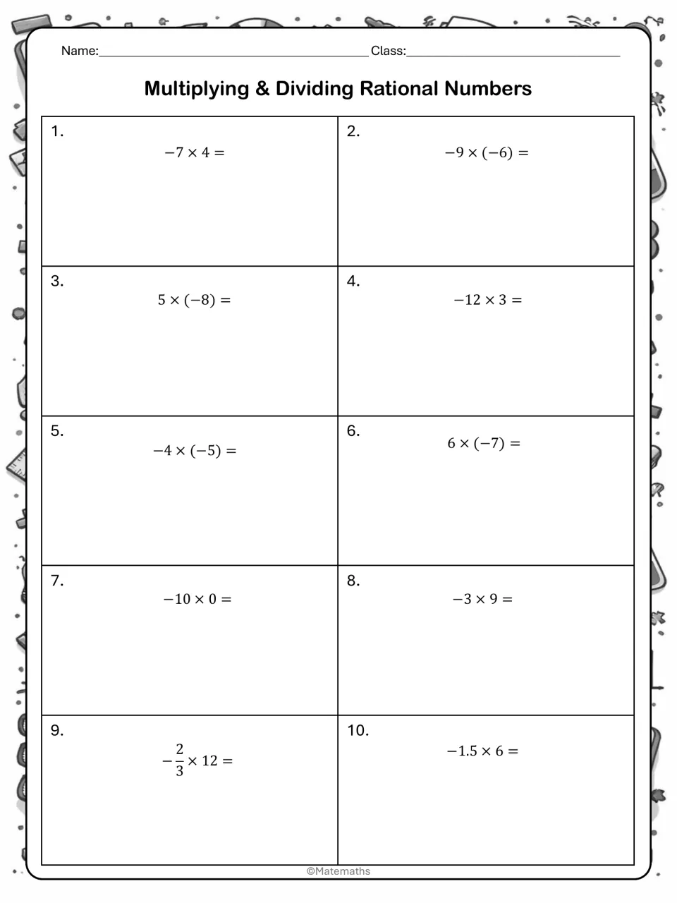 Multiplying and dividing practice, problems 1 to 10: students multiply integers, a fraction and a decimal with mixed signs