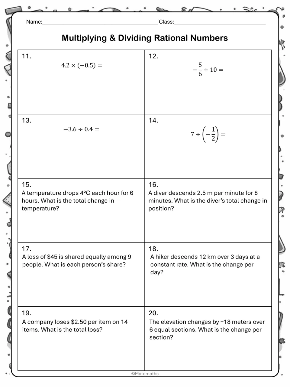Rational number practice 11 to 20: decimal and fraction products and quotients, then signed-change word problems