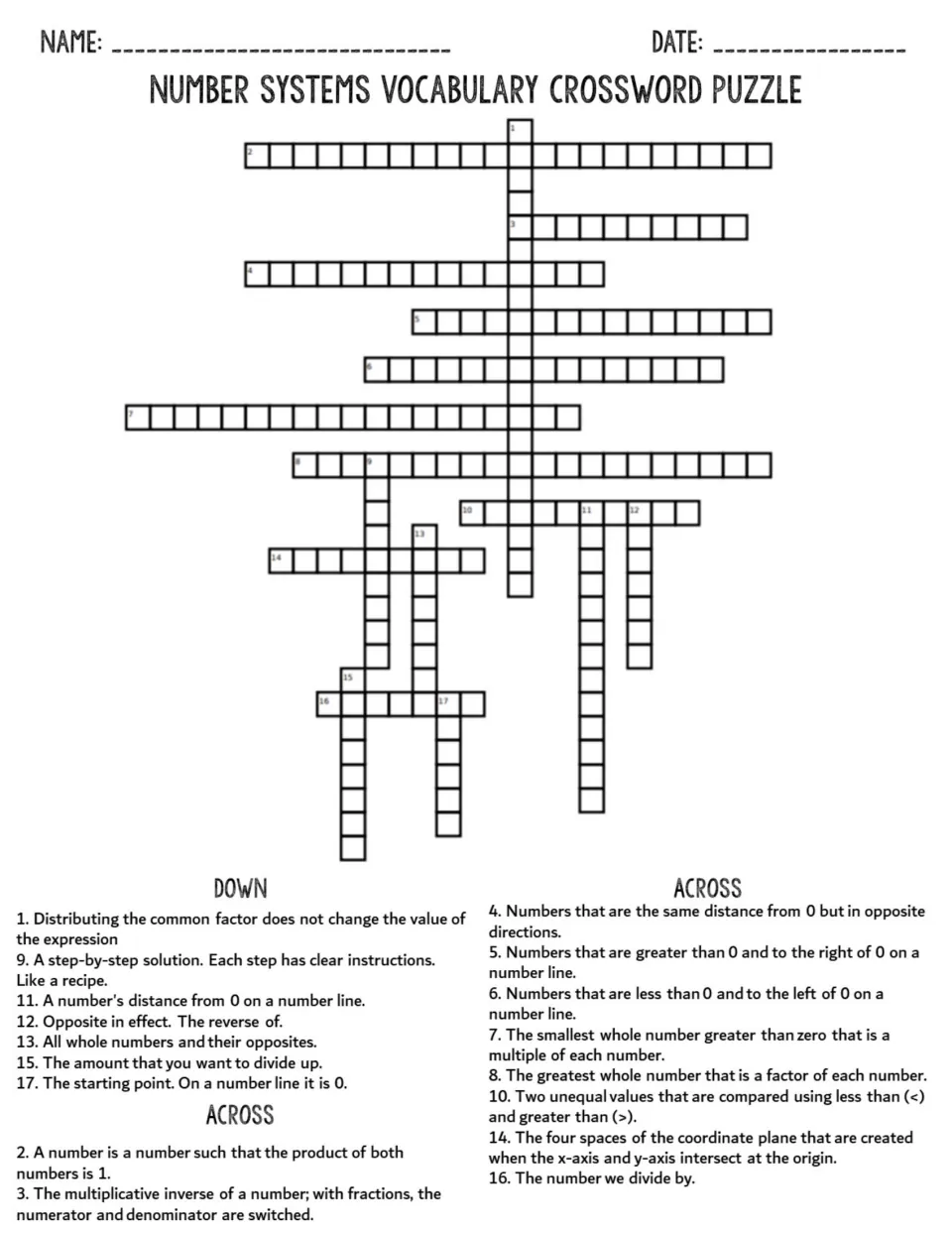Number systems vocabulary crossword: students answer 17 clues on opposites, factors, multiples, inequalities and origin