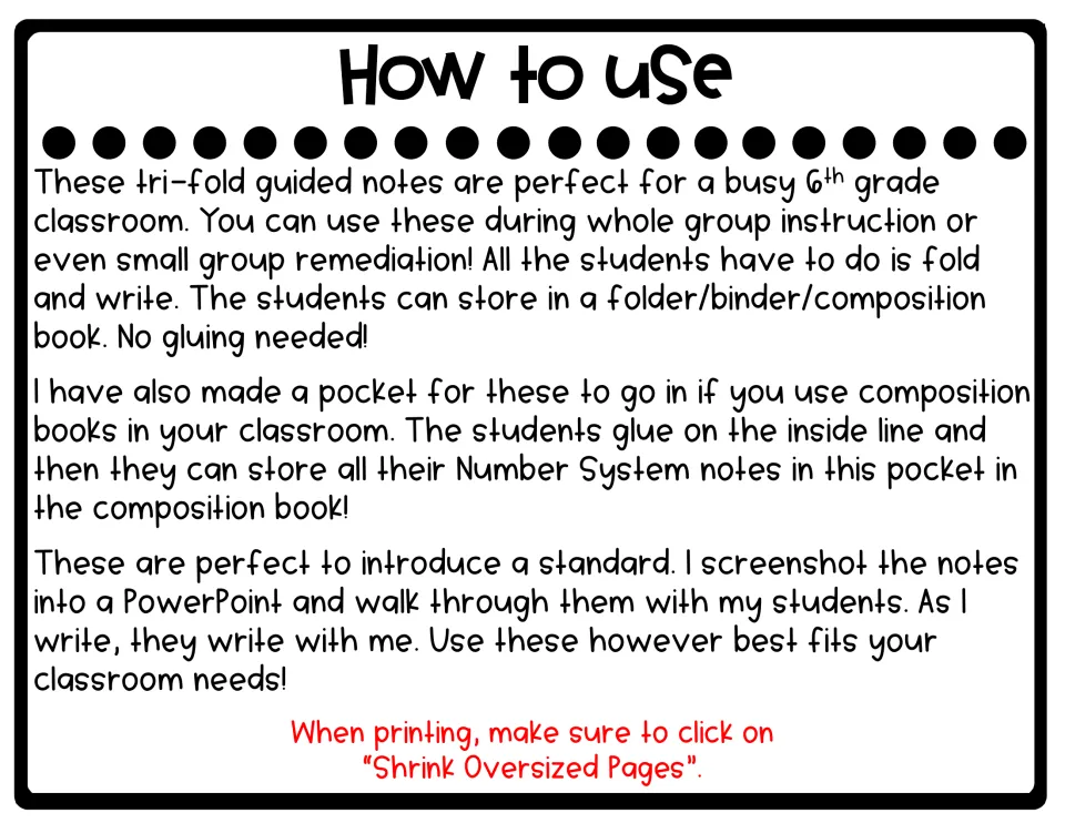 How to use: teacher directions for folding and storing the tri-fold notes, a composition book pocket and a printing tip