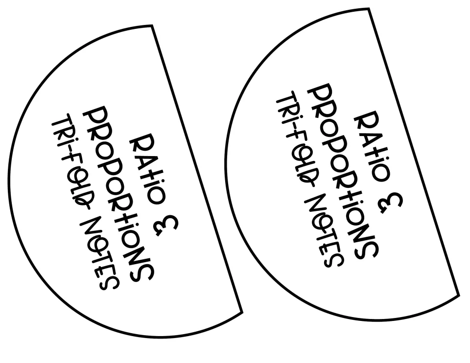 Two half-circle cut-out pieces labeled Ratio & Proportions Tri-fold Notes for building the composition book pocket