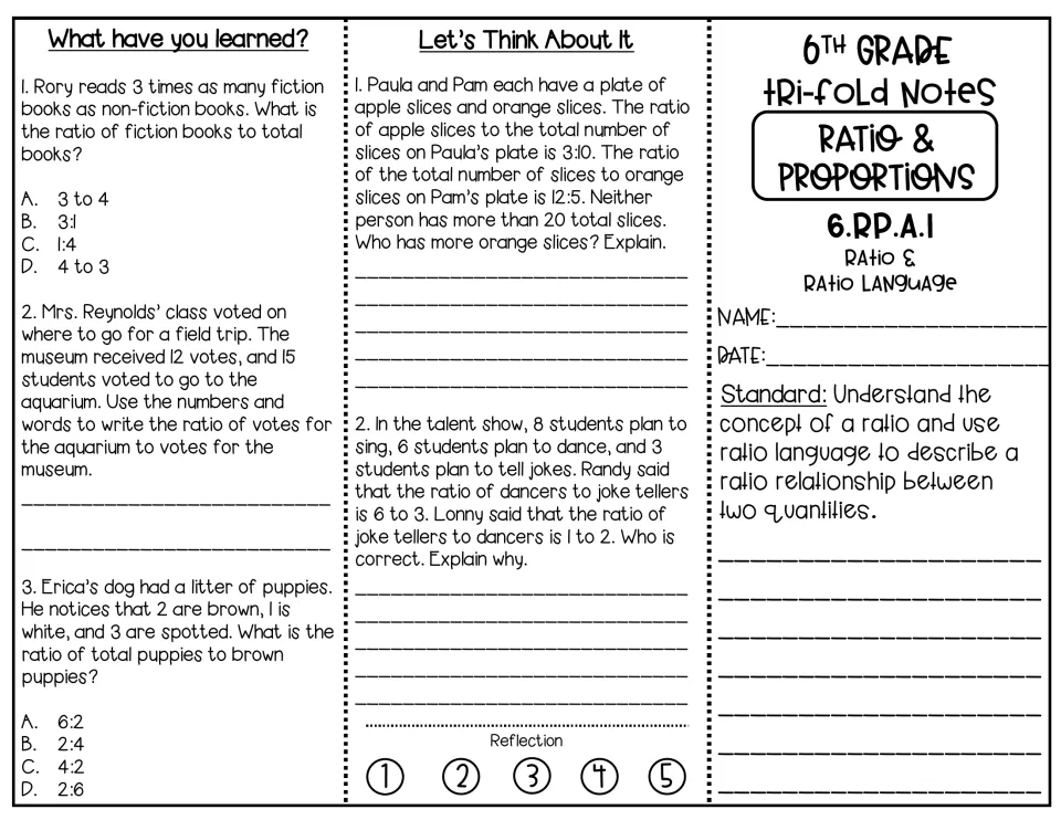Ratio language review: students answer multiple-choice and written word problems on books, votes, puppies and talent show