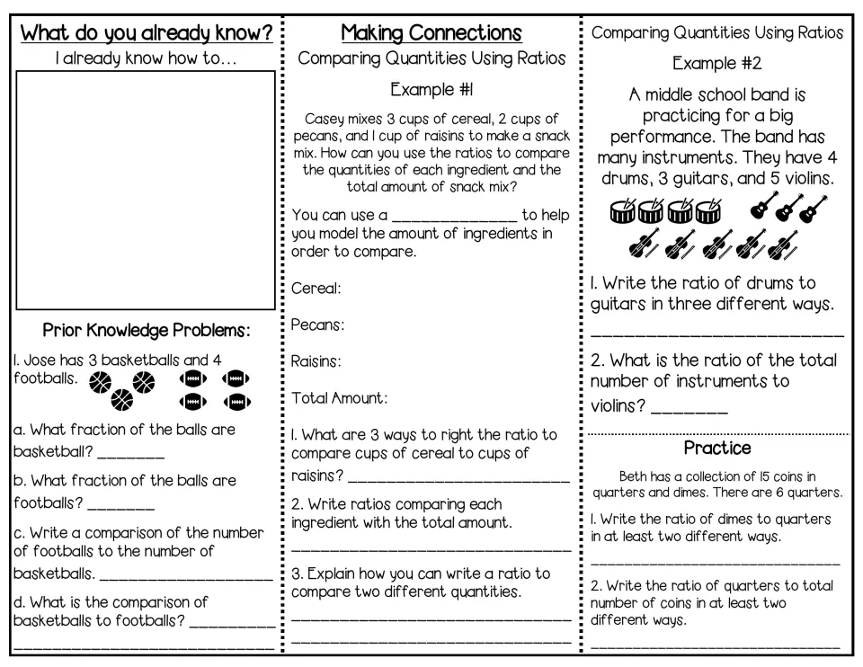 Comparing quantities with ratios: prior knowledge fraction problems, then snack mix and band examples writing ratios 3 ways