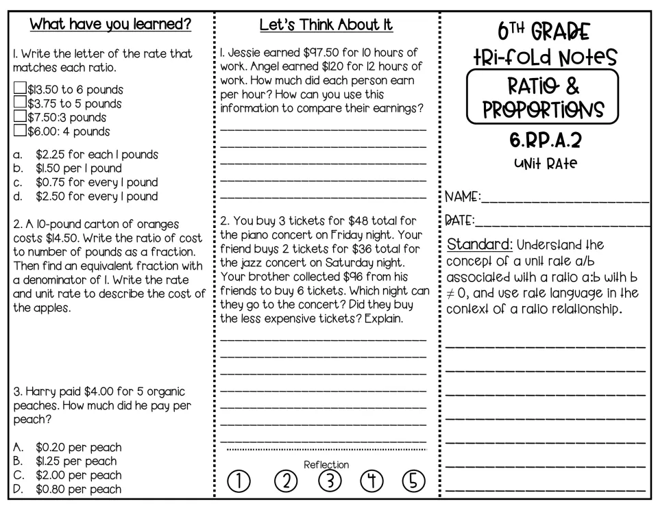 Unit rate practice: students match ratios to unit rates, find cost per pound and per peach, and compare wages and tickets