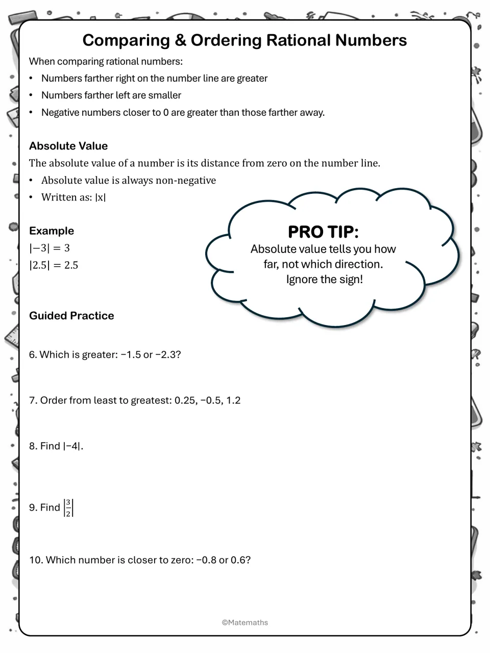 Comparing and ordering rational numbers plus absolute value notes; students compare, order and find |-4| and |3/2|
