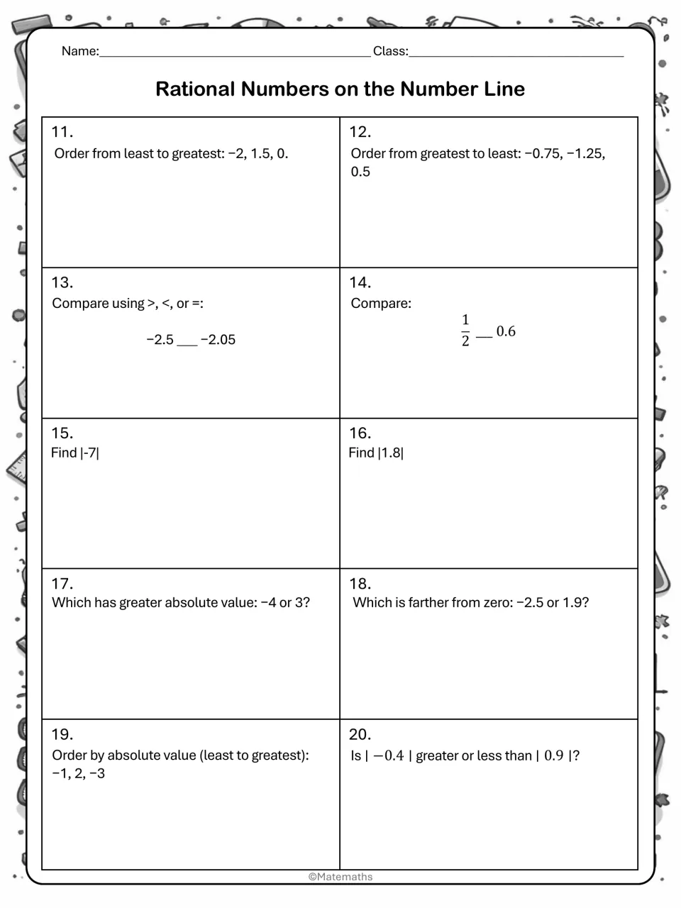 Ordering and absolute value practice: students order sets, compare with >, < or =, and find values like |-7| and |1.8|