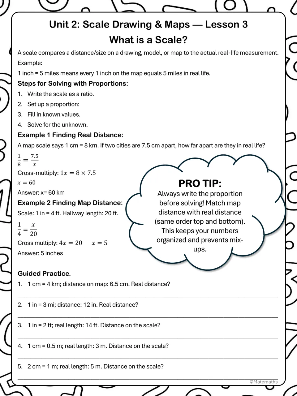 Guided notes define scale, model finding real and map distances, and provide guided practice questions 1–5