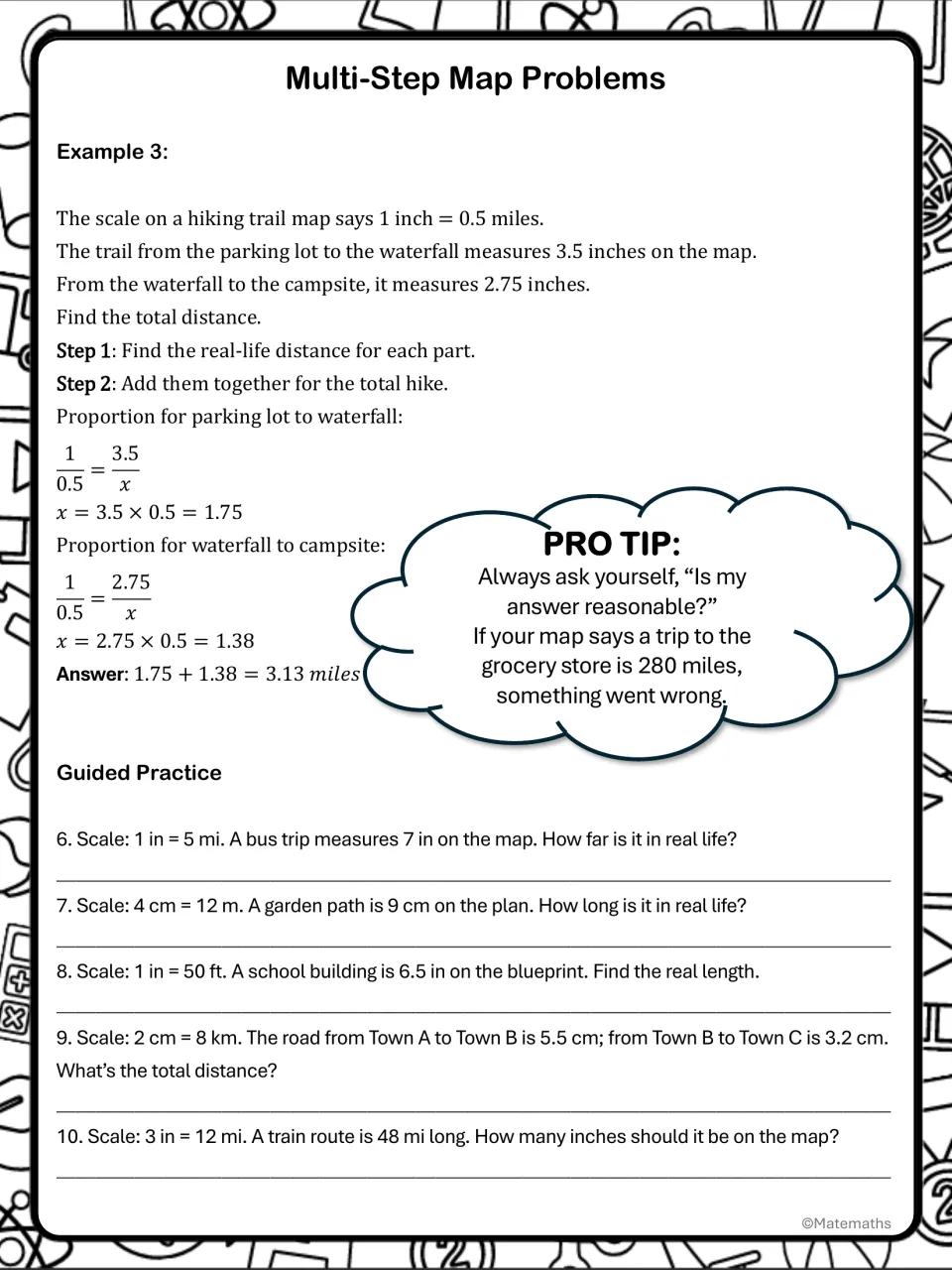 Guided notes model a two-part hiking distance problem and provide map scale practice questions 6–10