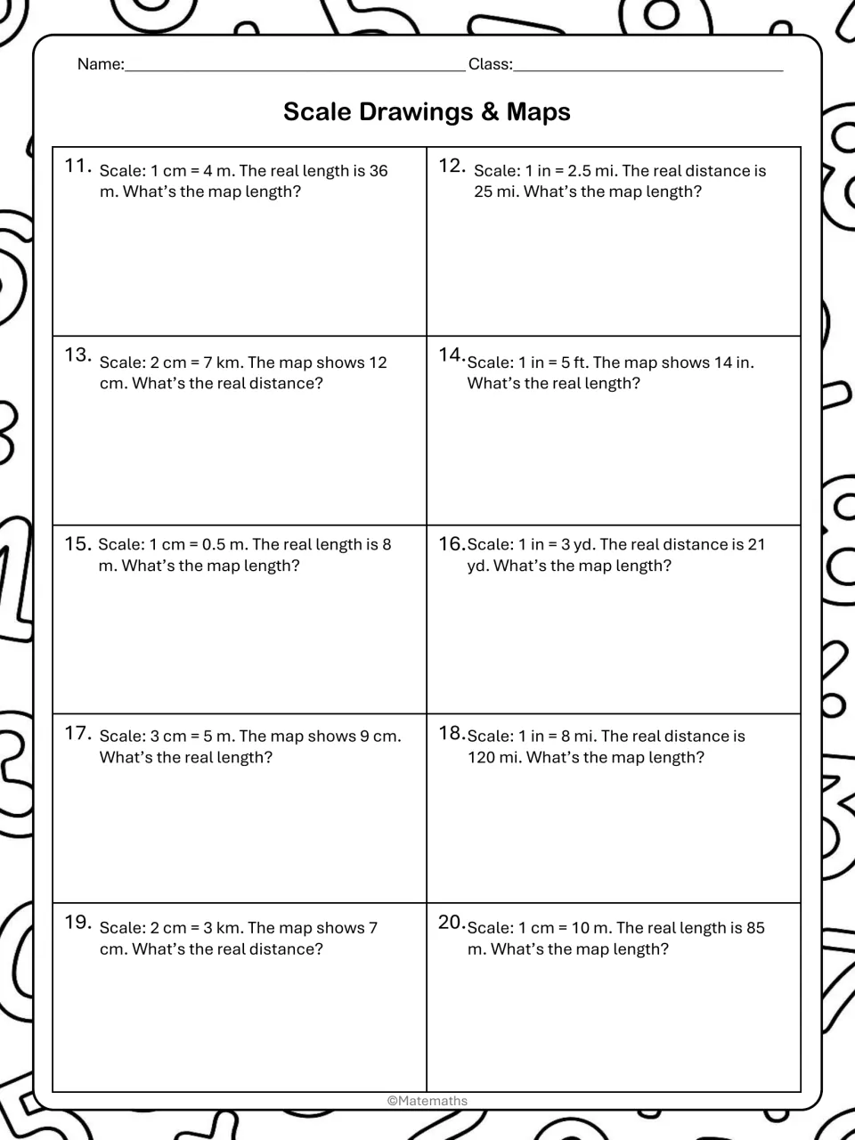 Independent practice problems 11–20 ask for map lengths and actual distances using metric and customary units