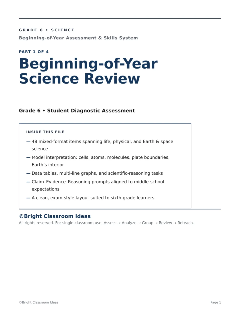 Beginning-of-Year Science Review cover, Part 1 of 4: a 48-item diagnostic on life, physical, and Earth and space science