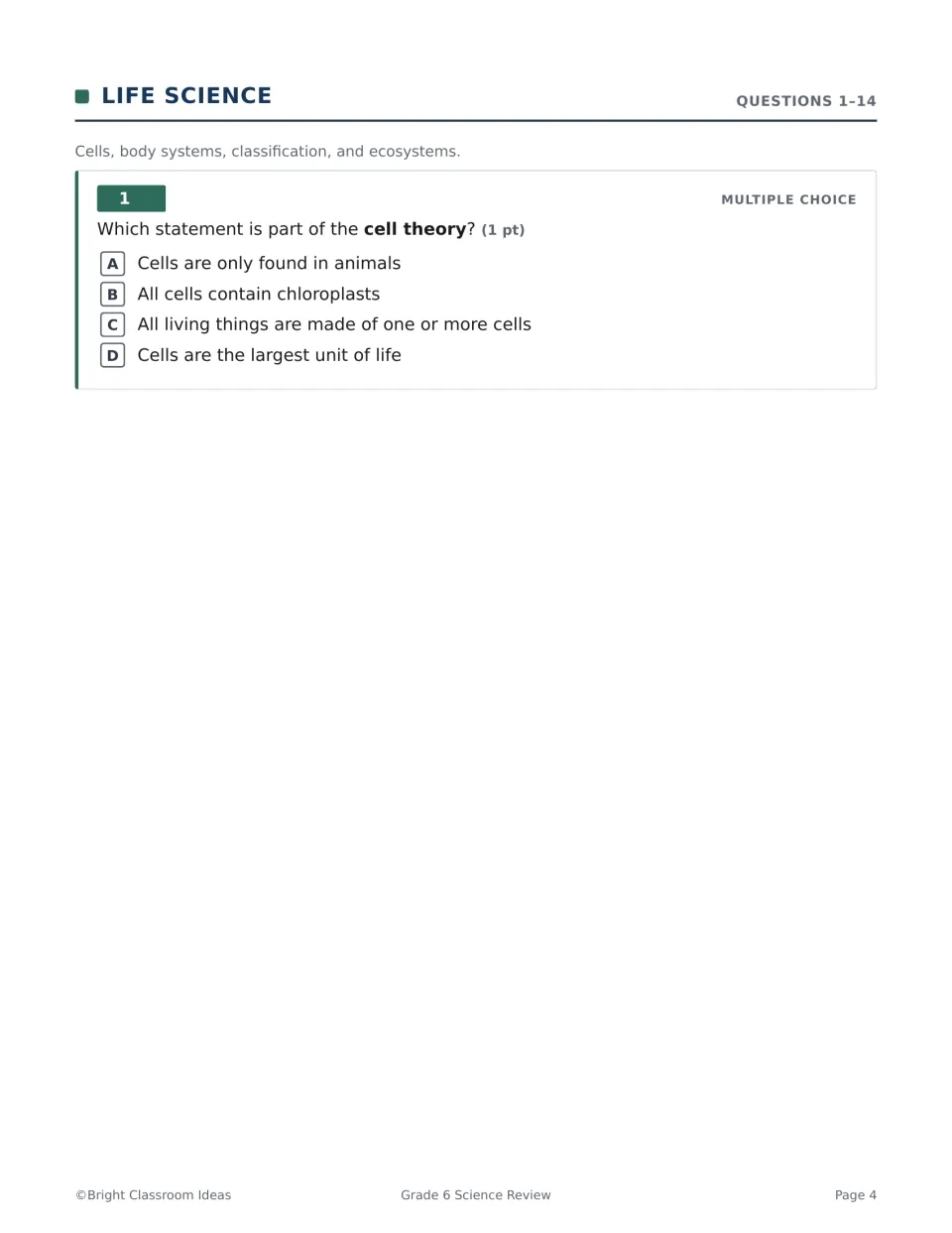 Life science section opener: question 1 asks students to pick the statement that is part of the cell theory