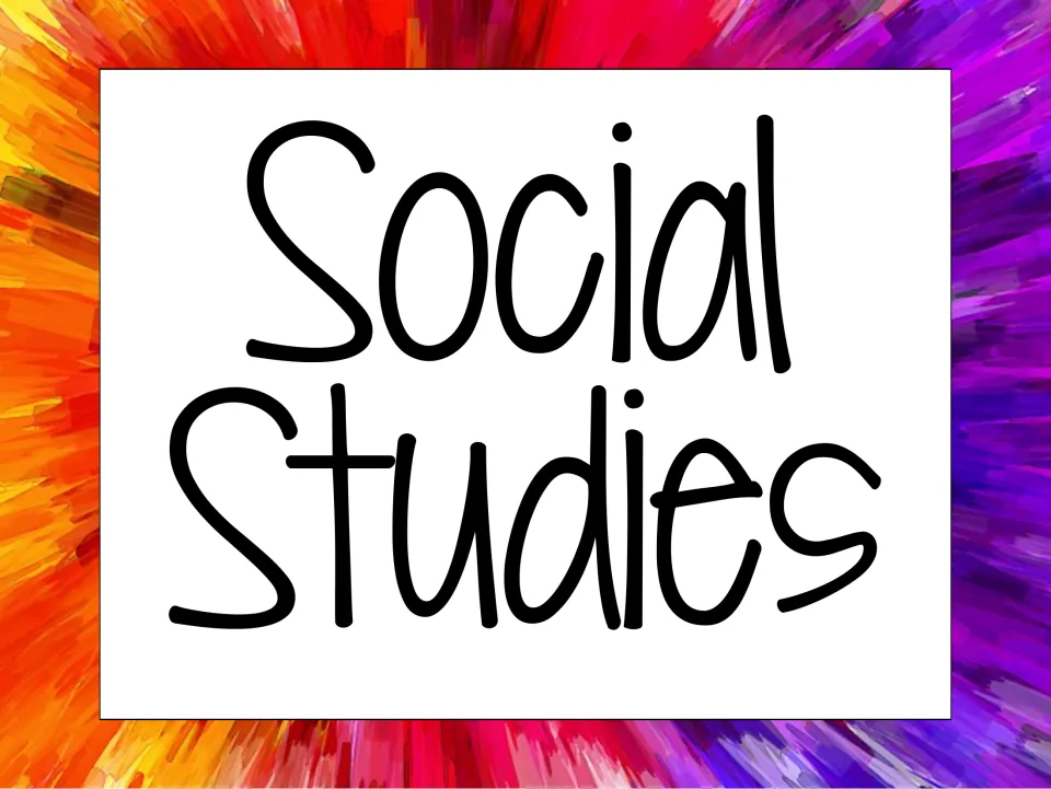 Social Studies header card in large handwritten lettering on a rainbow burst background, for titling a standards display