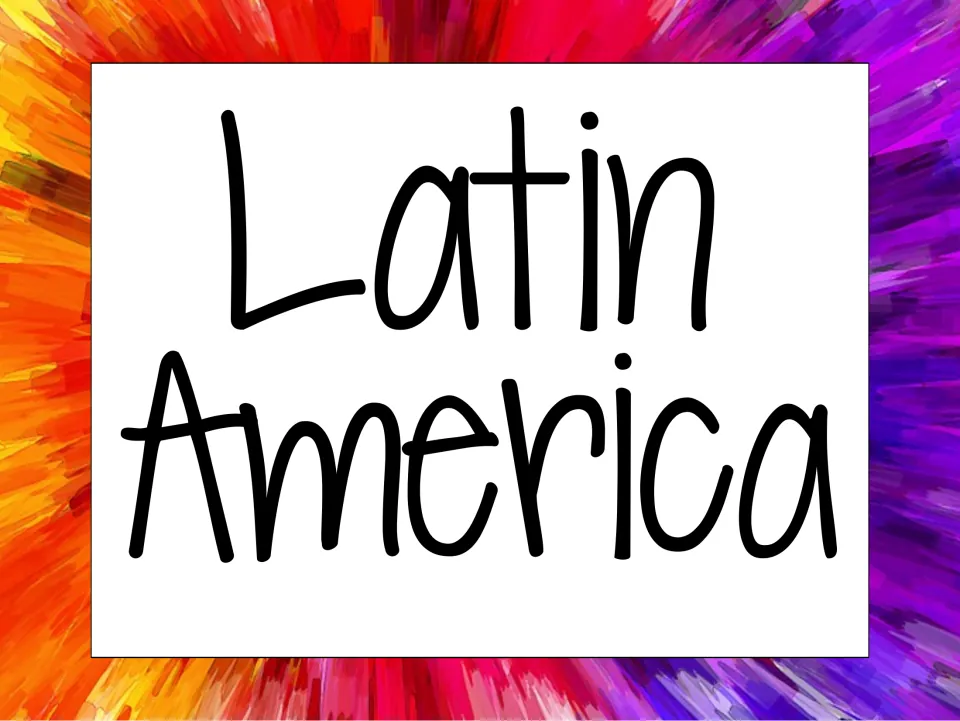 Latin America region header card in bold handwritten lettering on a rainbow burst background, for labeling a unit display