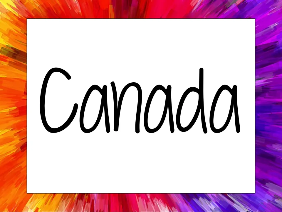 Canada region header card in bold handwritten lettering on a rainbow burst background, for labeling a unit on the board