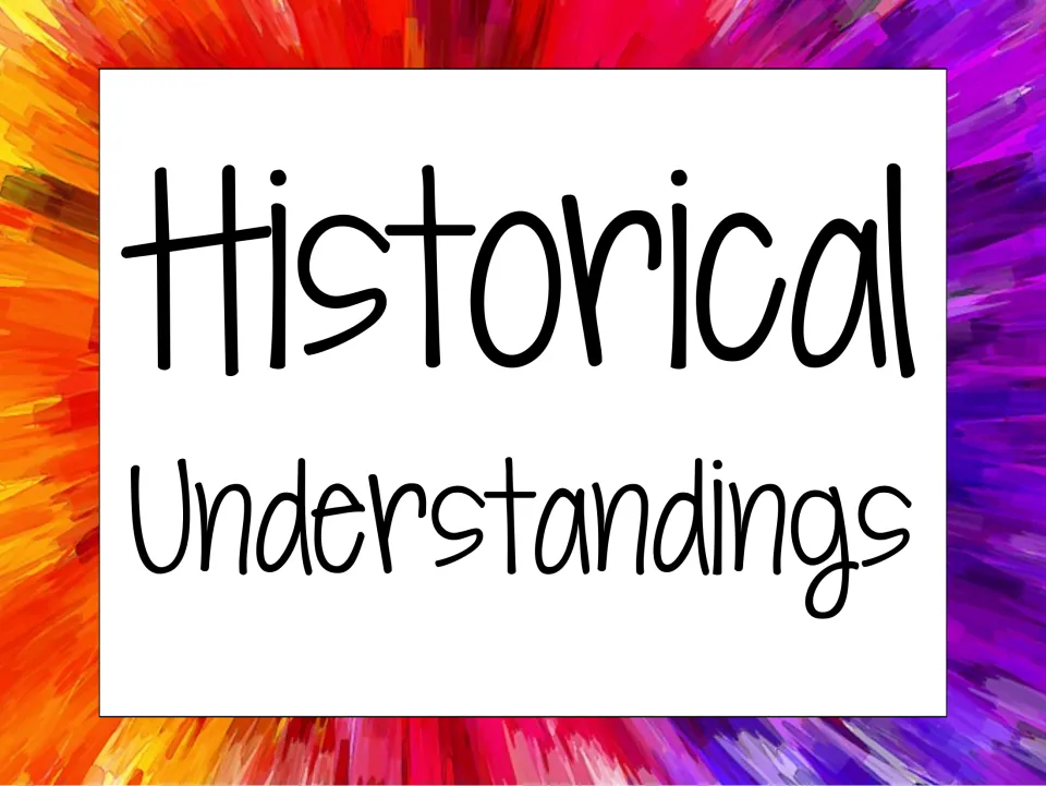 Historical Understandings strand header card in handwritten lettering on a rainbow burst, for sorting history standards