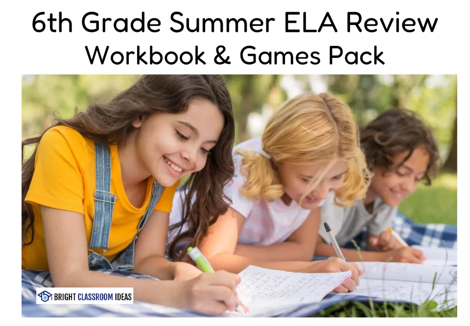 Cover of 6th Grade Summer ELA Review Workbook & Games Pack: three students lie on a picnic blanket writing