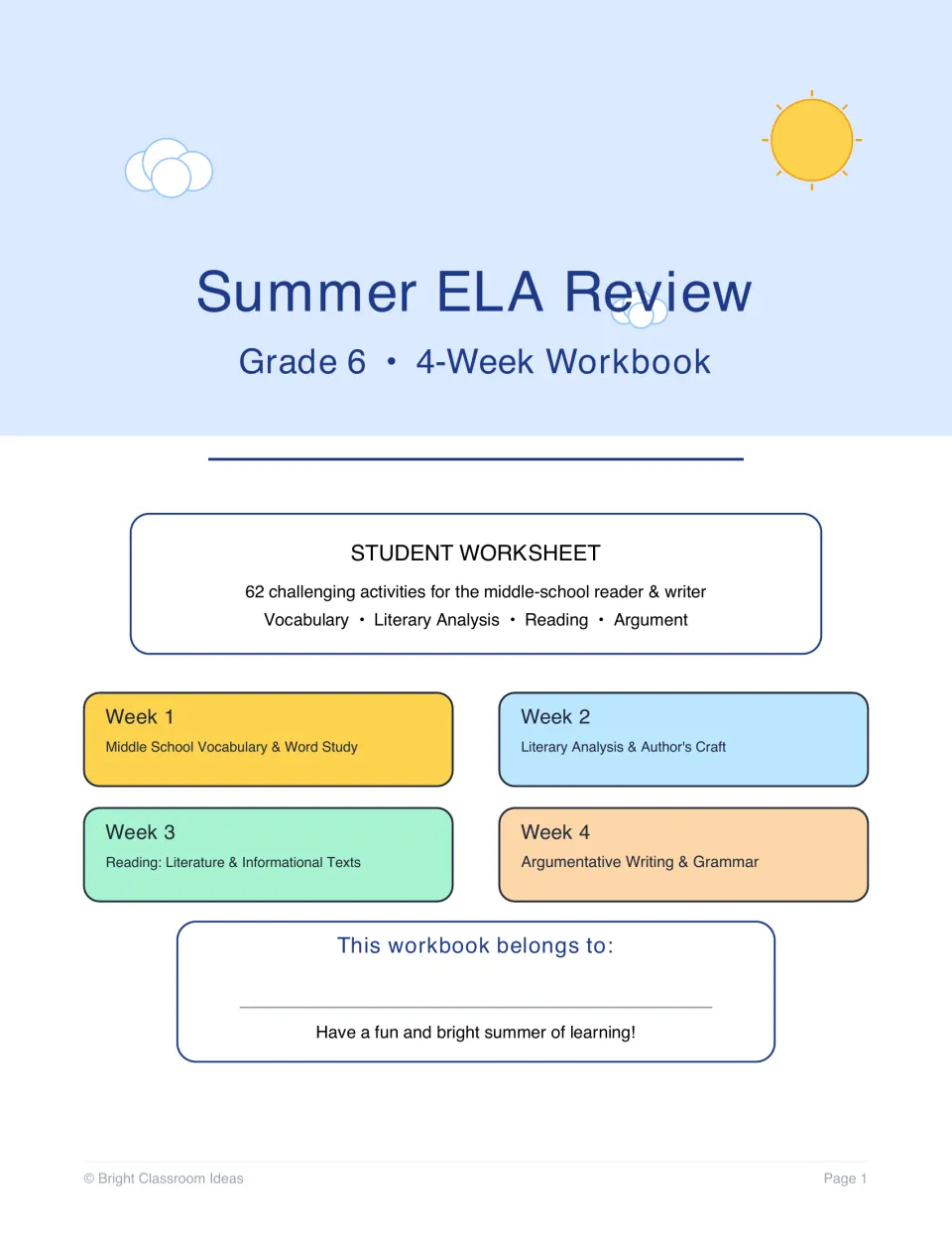 Grade 6 4-week workbook title page listing weekly themes: vocabulary, literary analysis, reading, argument and grammar