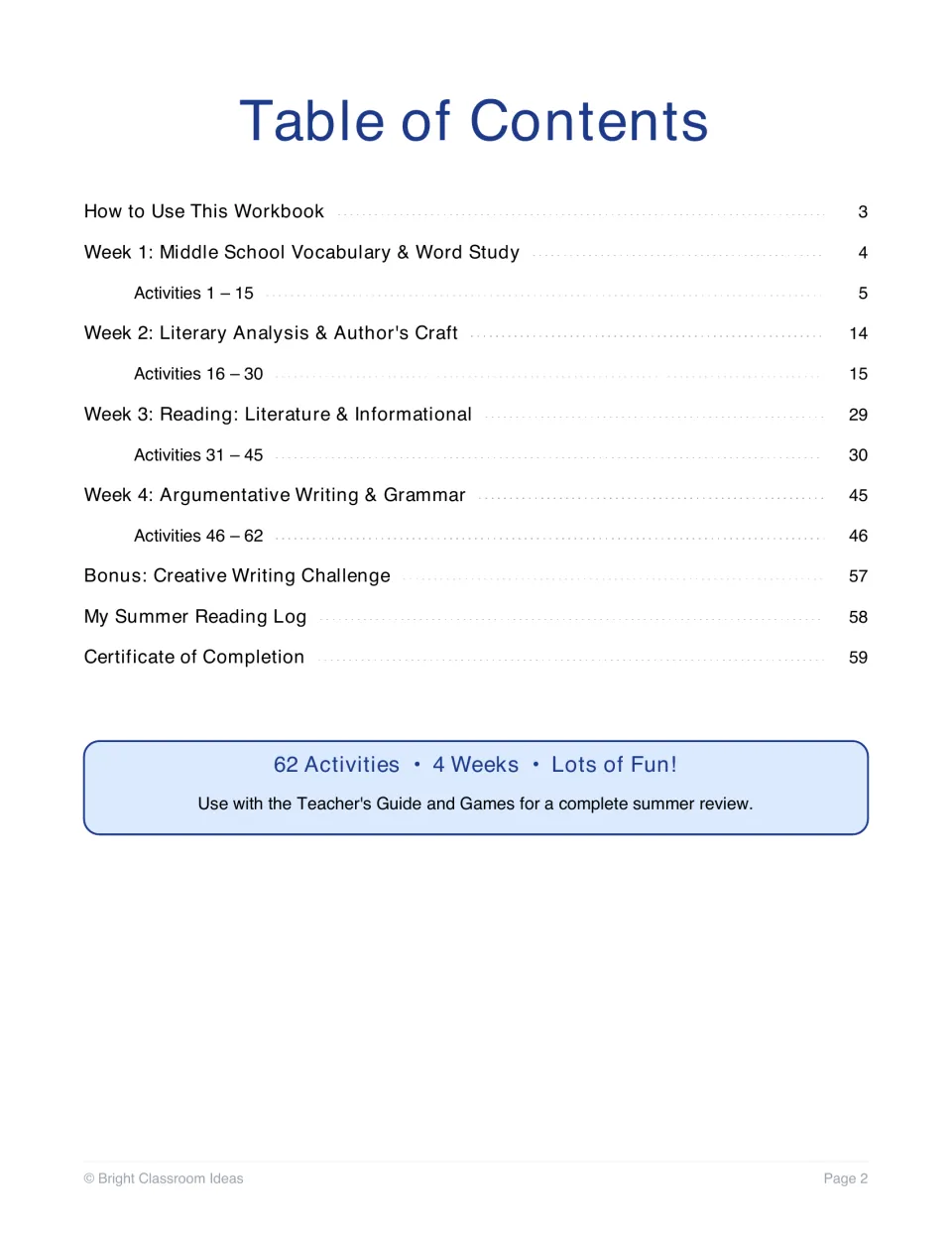 Table of contents: activities 1-62 by week, plus a creative writing challenge, reading log and completion certificate