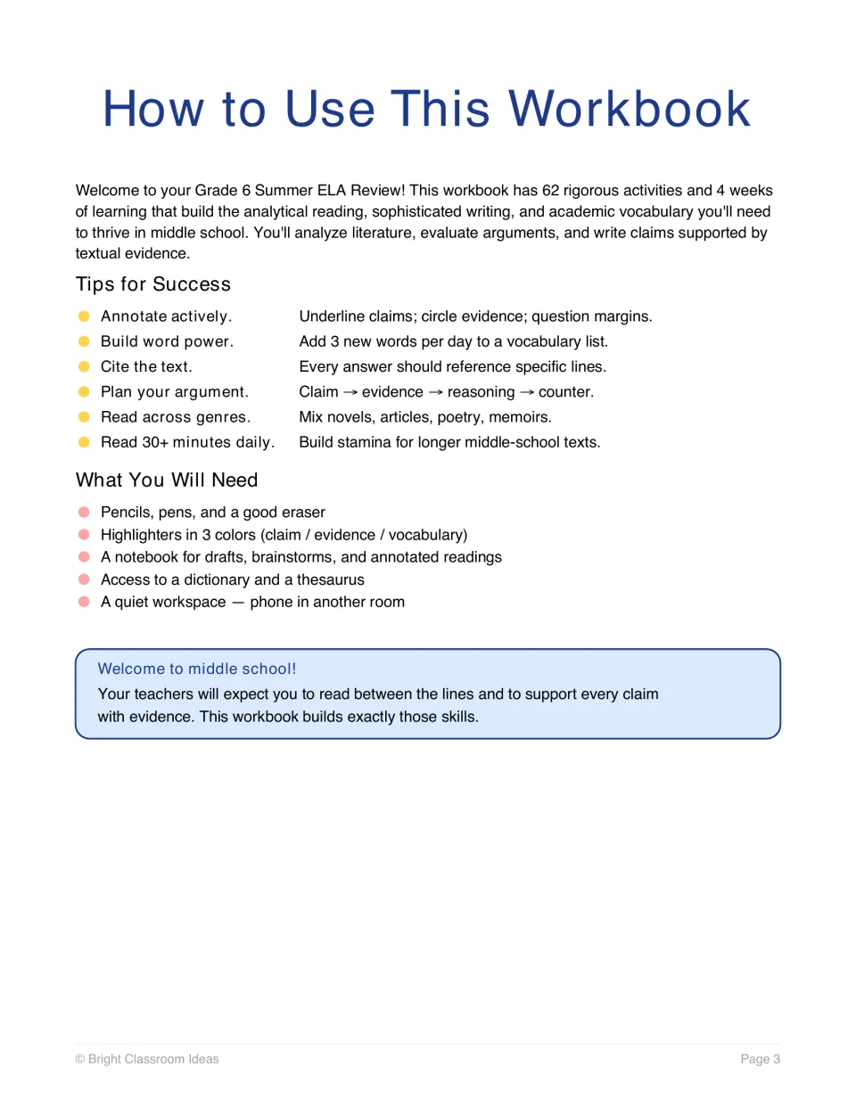 How to Use This Workbook: tips such as annotating, citing the text and planning arguments, plus a supply list