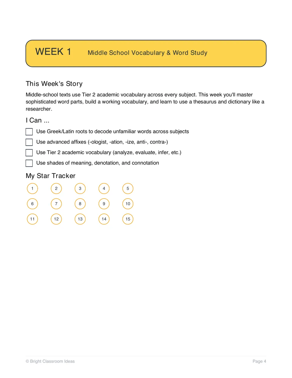Week 1 vocabulary and word study opener: I Can goals for roots, affixes and Tier 2 words, with a 15-star tracker