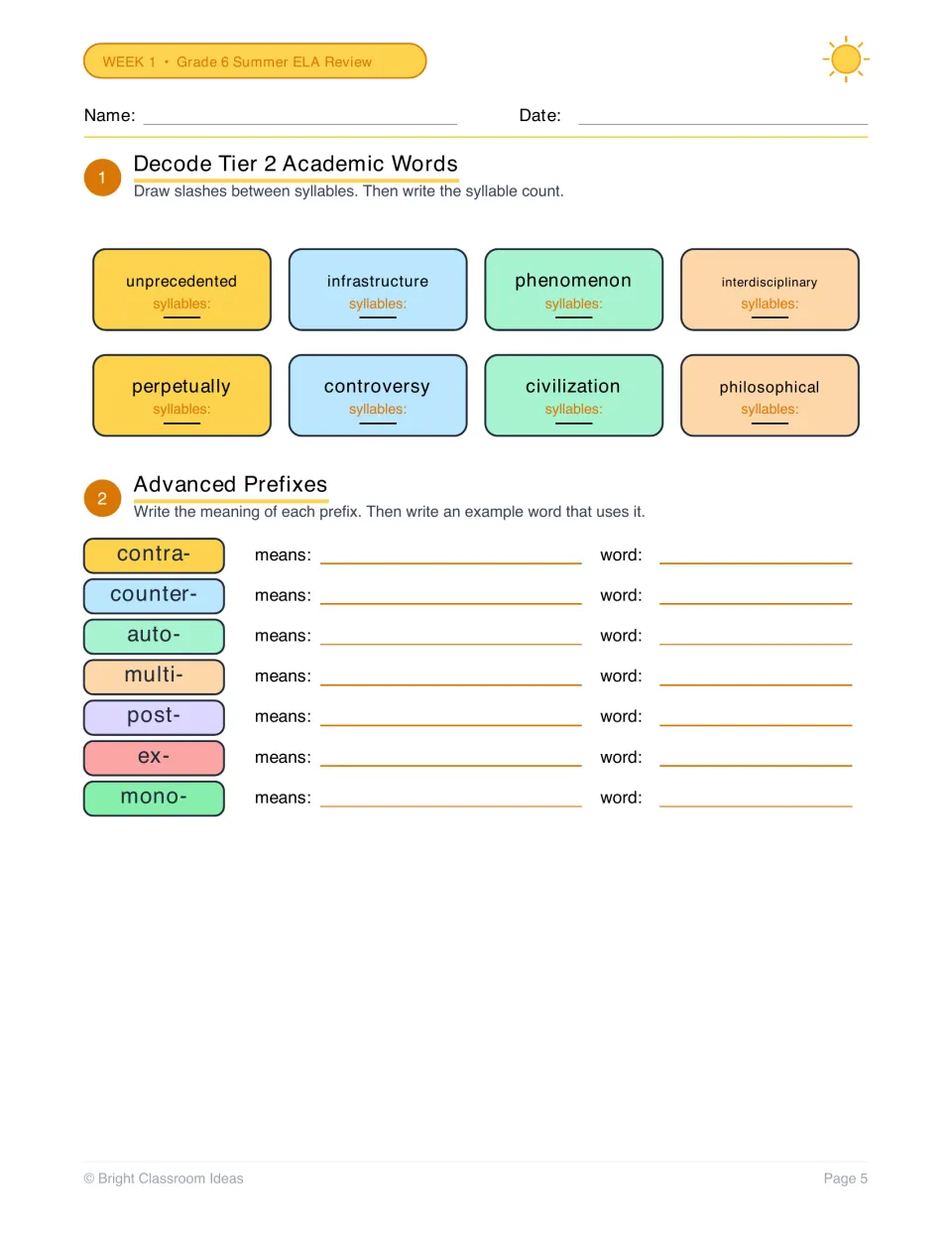 Syllables and prefixes: students split 8 words like phenomenon into syllables, then define contra-, auto-, post-