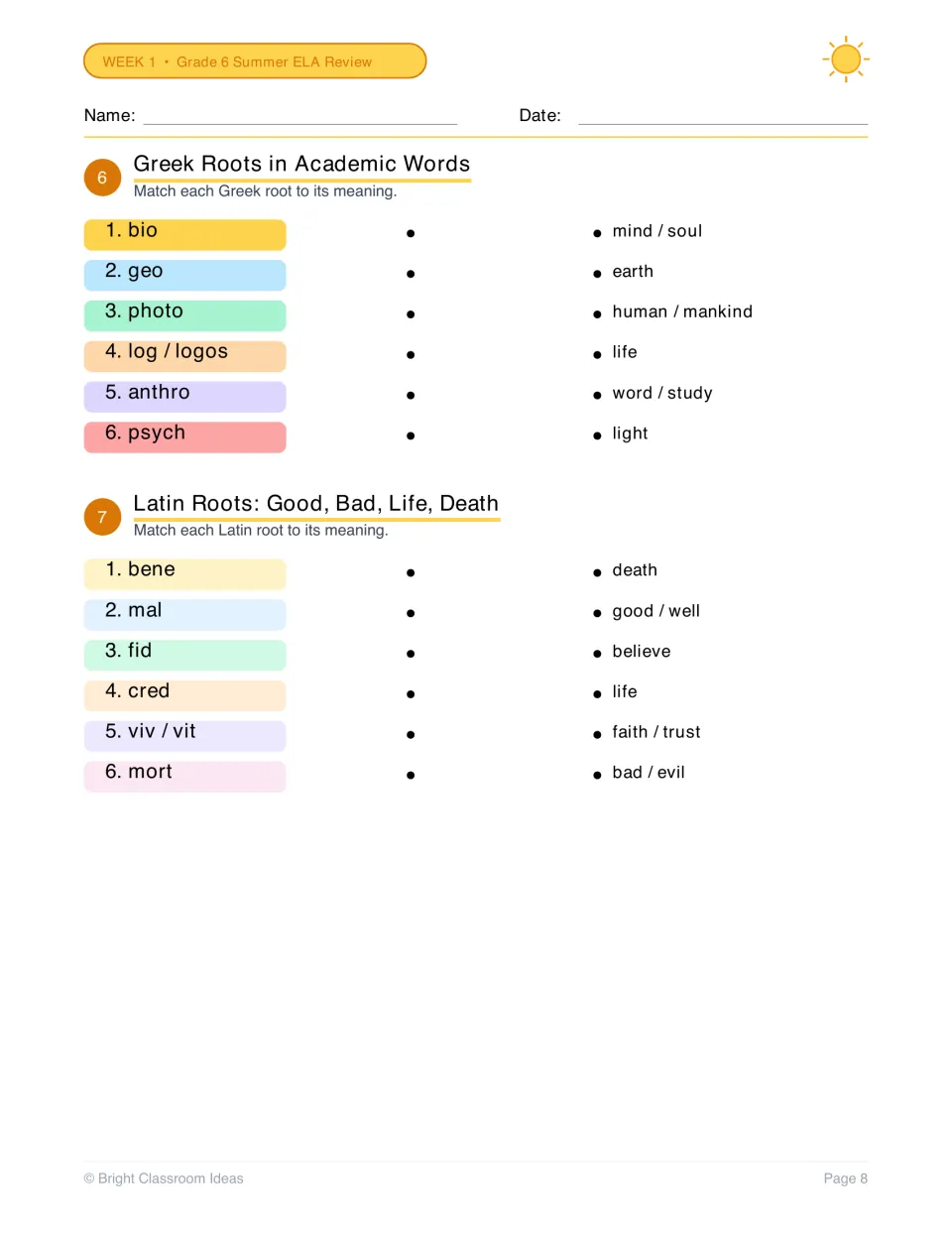 Greek and Latin roots matching: students connect roots like bio, bene and mort to meanings such as life or death