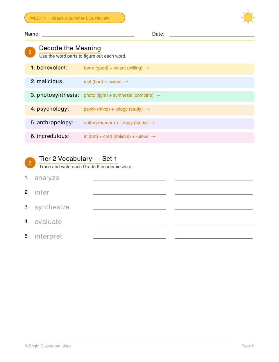 Decode the Meaning: students use word parts to define words like benevolent, then trace Tier 2 words such as analyze