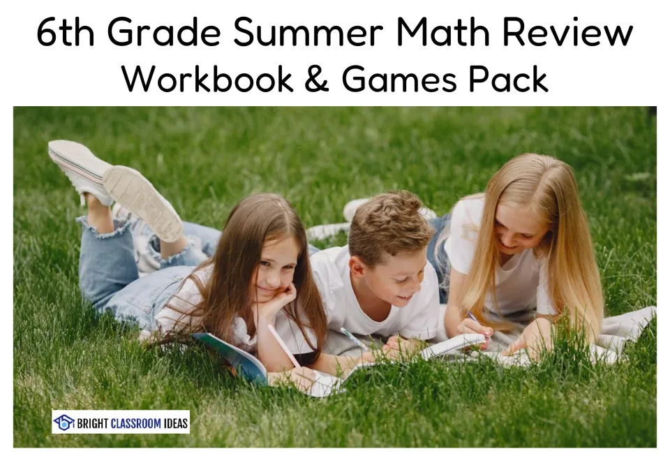 6th Grade Summer Math Review Workbook & Games Pack cover: three children lie on grass writing in workbooks