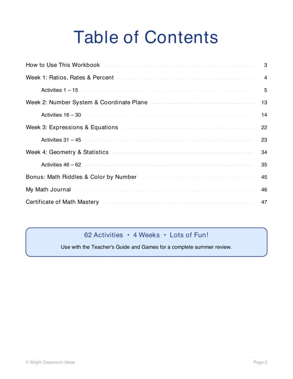 Table of contents: four weekly units, activities 1-62, bonus math riddles and color by number, math journal, certificate