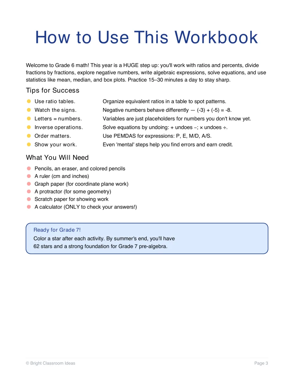 How to use this workbook: tips such as ratio tables, watching signs and PEMDAS, plus a supply list and star-coloring goal