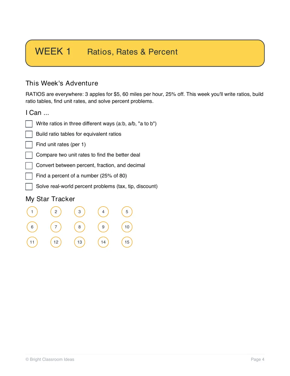 Week 1 ratios, rates and percent intro: students check off seven I Can goals and color a 15-star tracker as they finish