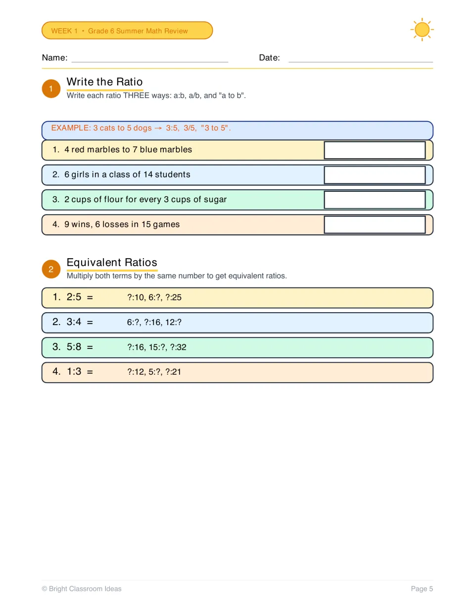 Writing ratios: students write four ratios as a:b, a/b and a to b, then multiply terms to fill in equivalent ratios