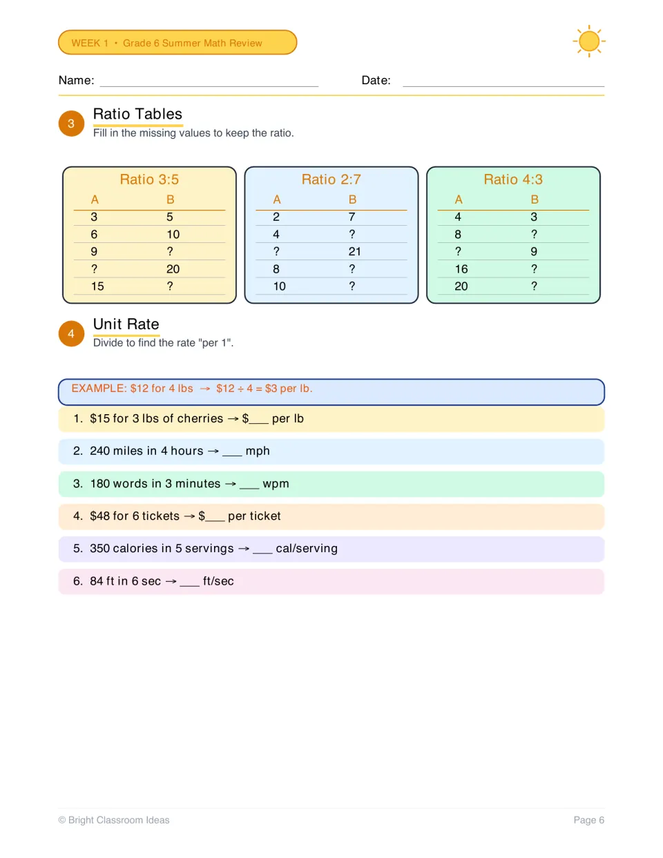 Ratio tables and unit rates: students fill missing values for 3:5, 2:7 and 4:3, then divide to find six per-1 rates