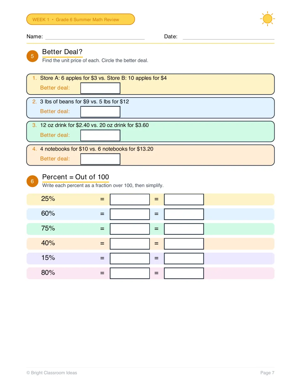 Comparing unit prices: students circle the better deal in four pairs, then write six percents as fractions over 100