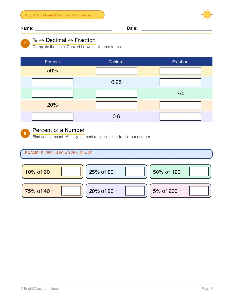 Percent, decimal and fraction conversion: students complete a five-row table, then find six percents of numbers