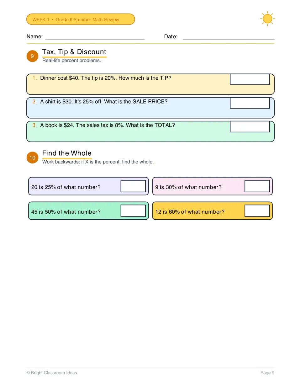 Real-world percents: students solve tip, sale price and sales tax word problems, then work backward to find four wholes