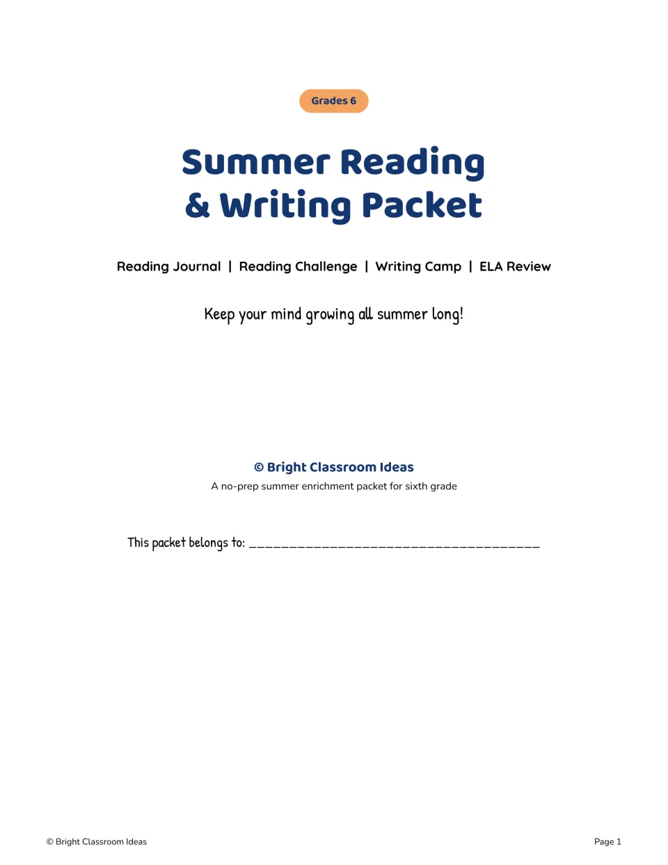 Summer literacy packet cover for grade 6, naming Reading Journal, Reading Challenge, Writing Camp, and ELA Review