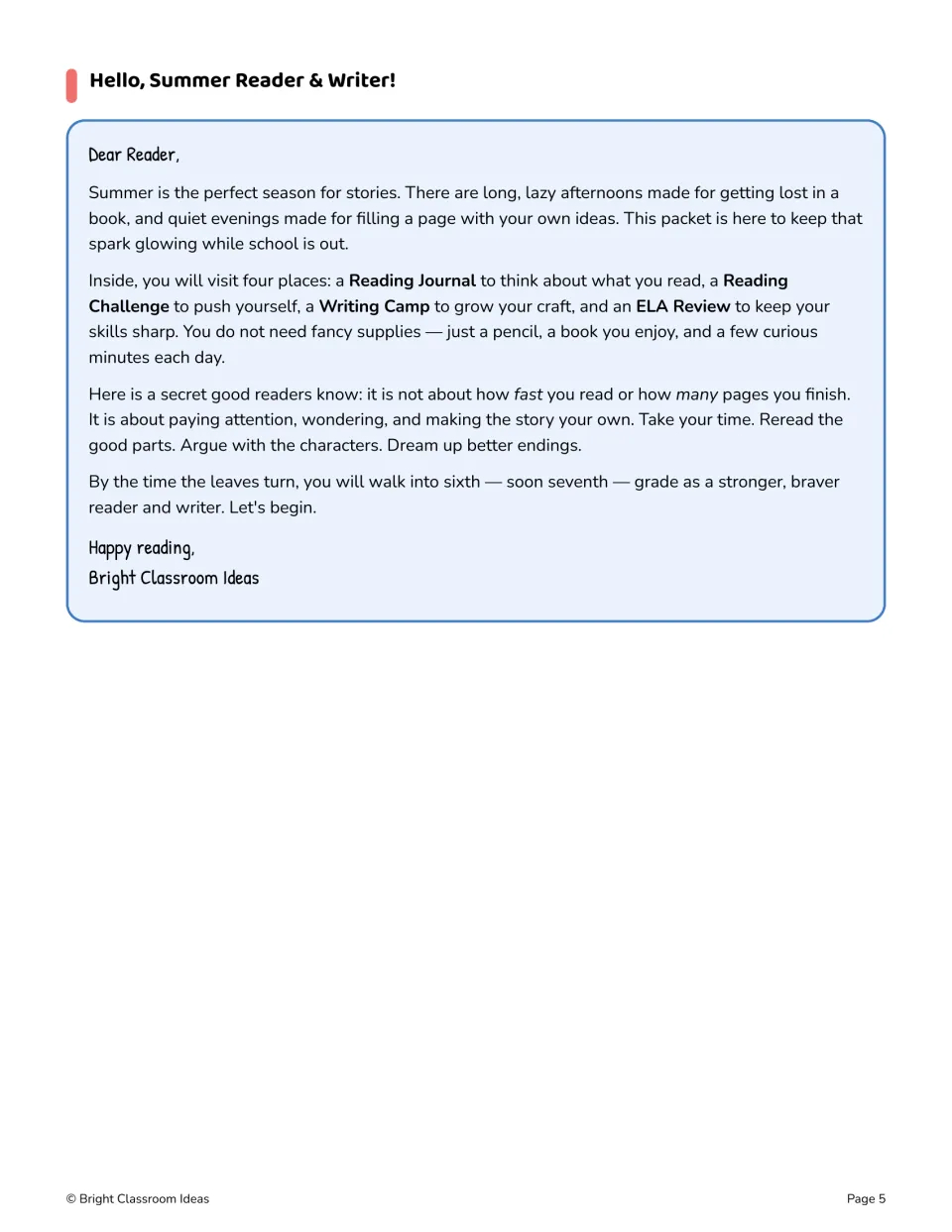 Packet welcome letter introduces four literacy sections and encourages rereading and exploring story endings