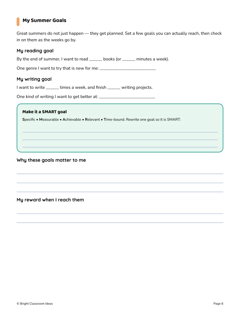 Summer goal-setting page asks for reading and writing targets, a SMART goal, personal reasons, and a reward
